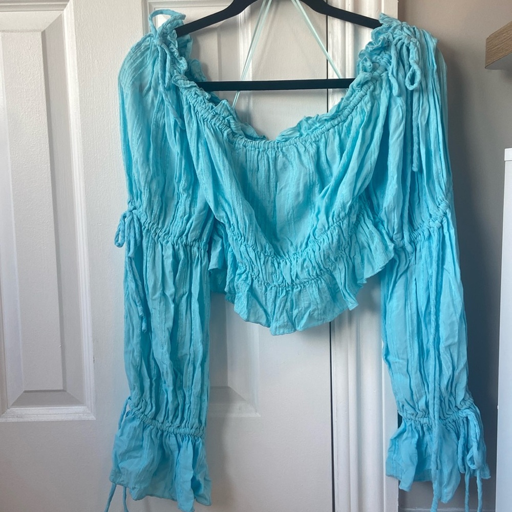 NWT Turquoise Long Sleeve Off the Shoulder Ruffle Top